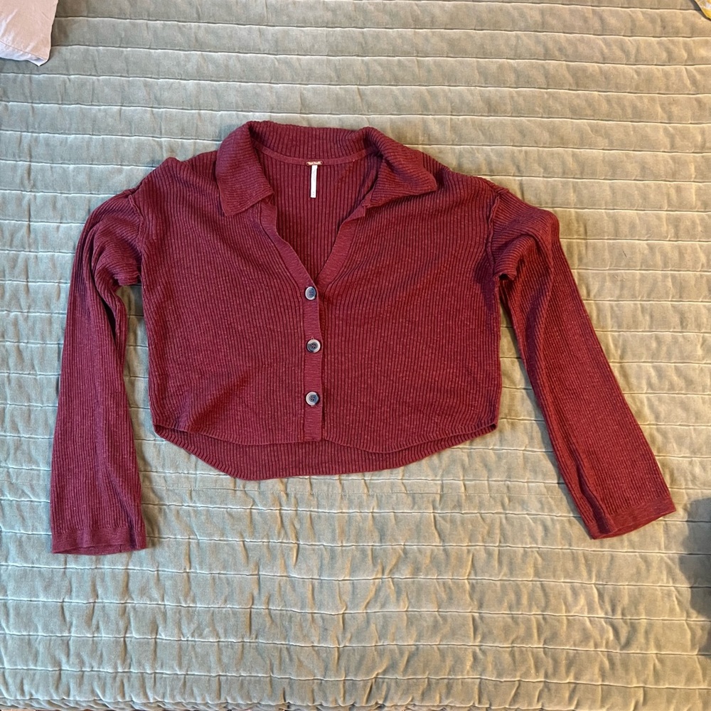 Free People Burgundy Ribbed Knit Button-up With Collar Sweater Size Medium